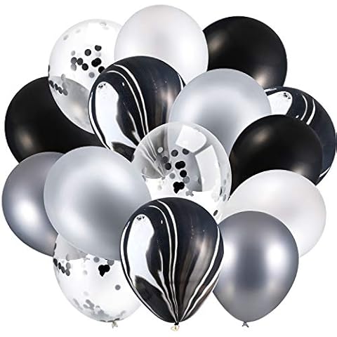 Hsei 60 Pieces 12 Inch Agate Latex Balloons Confetti Balloons Colorful Balloons for Jungle Baby Shower Wedding Office Birthday Party Supplies (Black, White, Silver) Cover