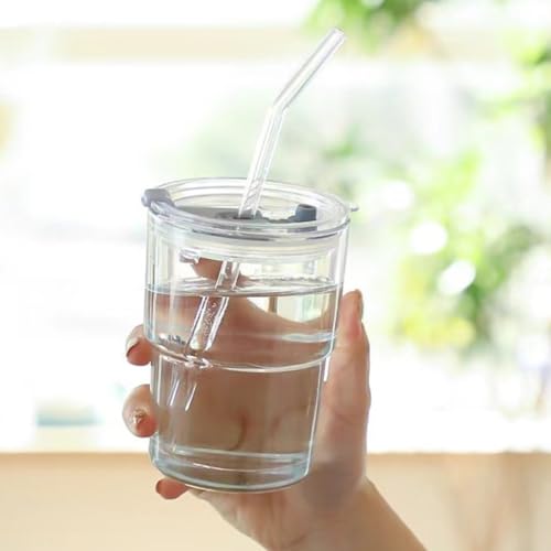 Vaso de Vidrio con Pajita BRIGHTFUFU de 400ml Transparente para Cafeterías 7