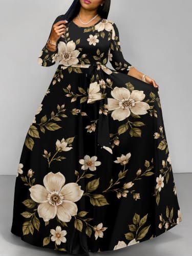 Image of Women Plus Size Long Sleeve V Neck Maxi Dress with Belt | Soft fabric relaxed fit three quarter sleeve v neck with pockets for party and daily wear