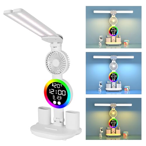 Image of LTXDJ Desk Lamp LED Table Lamp Dimmable, Study Lamps Rechargeable Reading Light with Clock and Fan, Touch Control Desk Light, Foldable Wireless Table Lights for Studying Working Reading (White-2 LED)