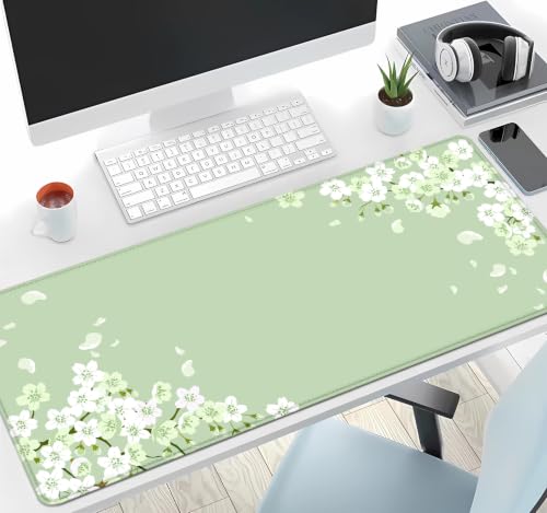 Image of IMAYONDIA Sakura Japanese Desk Mat, Cherry Blossom Flowers Large Gaming Mouse Pad, Pastel Floral Minimalist Mousepad Desk Decor for Women, Green Aesthetic Desk Pad for Work, Game, Office, 31.5x11.8