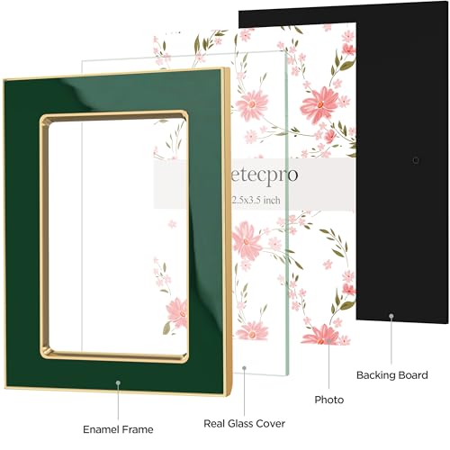 Image of eletecpro 2.5x3.5 Enamel Picture Frame with Real Glass Cover, Small Photo Frame with Gold Metal Edge, Horizontal and Vertical Display Pictures 2.5 by 3.5 for Tabletop and Wall Decor, Green, 1 Pack