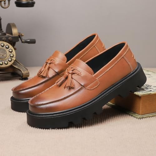 Image of Men's Black Soft Patent Leather Platform Chunky Heel Loafers Fashion Tassel Business Casual Formal Work Shoes Non-Slip Lug Sole Slip-On Penny Loafers