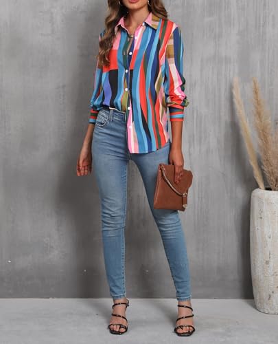 Blouses for Women Aesthetic Button Down Shirts Long Sleeve Dressy Casual Floral Tops Fall Outfits for Women 2025 Trendy - Green Mix Striped M3