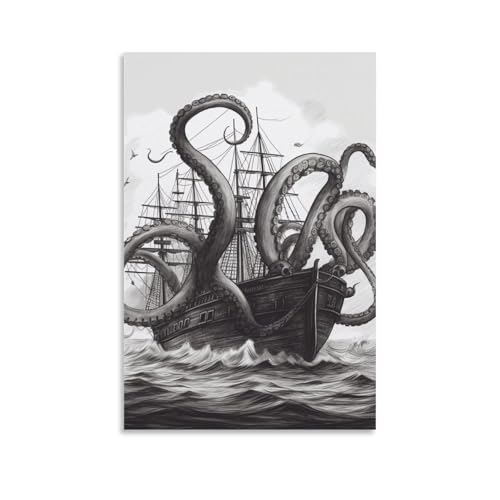 Toile noir et blanc pieuvre et bateau pour créer une ambiance familiale inspirante