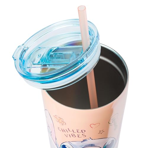 Image of Silver Buffalo Disney Lilo and Stitch Island Doodles Chilled Vibes Double Walled Stainless Steel Tumbler with Straw, 22 Ounces