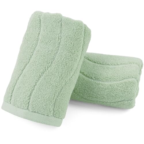 Jacquotha Hand Towels 2 Pack - Sage Green Wavy Striped Hand Towels for Bathroom 100% Natural Cotton Soft Absorbent Decorative 13x29 Inches