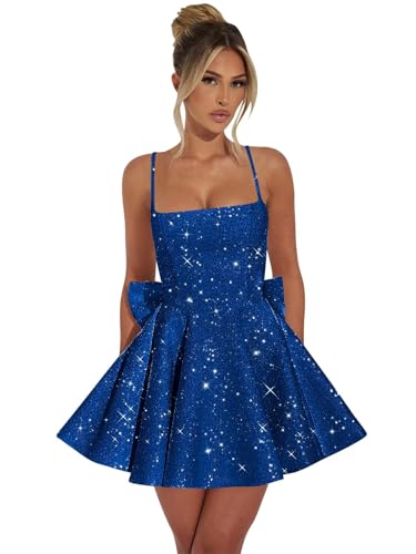 VGZ Sparkly Sequin Homecoming Dresses with Bow Spaghetti Straps Short A Line Cocktail Party Dress