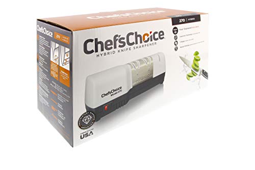 Chef'sChoice 270 Hybrid Diamond Hone Knife Sharpener Combines Electric and Manual Sharpening for Straight and Serrated 20-Degree Knives Made in USA, 3-Stage, White