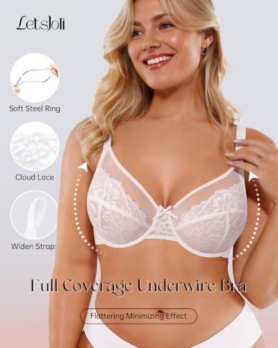 Image of LetsJoli Minimizer Bras for Women Full Coverage Lace Underwire Plus Size | Supportive Bras for Older Women, Unlined Cup, Cool Soft Comfort, Tshirt Everyday Bra, Sexy