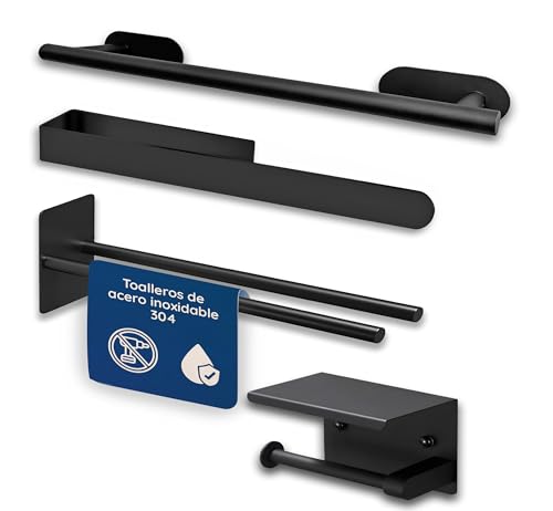 Set de Accesorios para Baño – Toallero sin Taladro y Portarrollos Adhesivo – Acero Inoxidable Resistente a la Humedad – Organizador de Pared Diseño Moderno – Kit Completo Fácil de Instalar