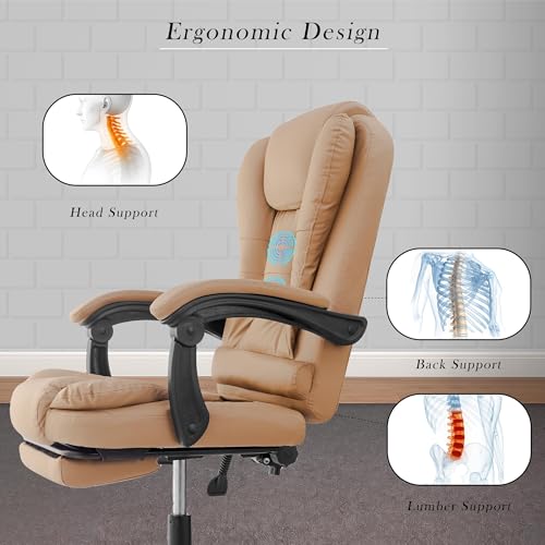 Image of Casa Copenhagen Italia Leatherette Office Chair for Work | Boss Chair, Ergonomic Executive, Luxurious Cushioned Arms & Seat, 2 Point Back Massager, Adjustable Leg Rest, Heavy Duty Metal Base (Beige)