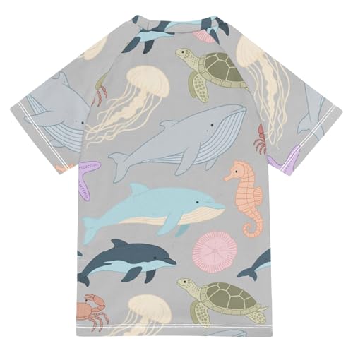 Soft Color Gray Underwater Animal Whale Jellyfish Short Sleeve Rash Guard Bathing Suit Girls Girls Swimsuit Rashguard Girl Rash Guard for 3-12 Years Traje de Banos para ninas2