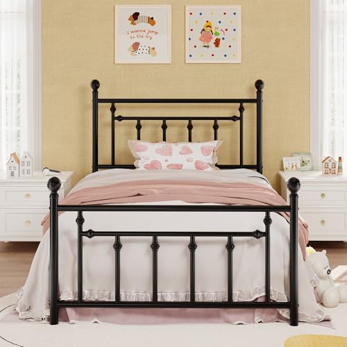 Image of SHA CERLIN 14 inch Twin Size Metal Platform Bed Frame /Victorian Headboard and Footboard /Steel Slats Mattress Foundation for Storage /No Box Spring Needed /Noise Free /Black