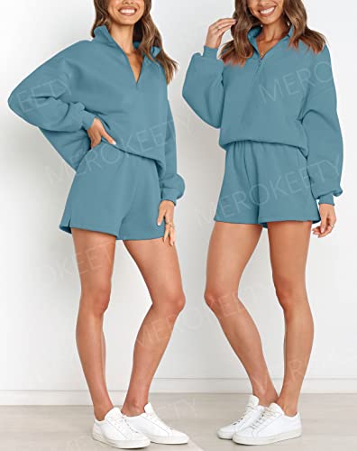 Merokeety Women's 2023 Fall 2 Piece Outfits Zipper Lounge Sets Casual Tops Shorts Pajama Sets With Pockets, Blue, M #TOP6