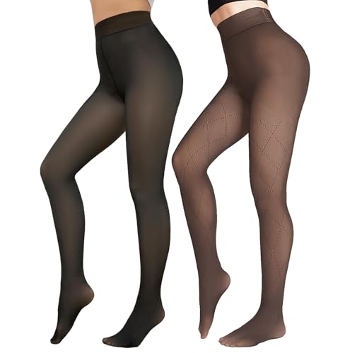 Image of X-CHENG 2 Pairs Women Fleece Lined Tights-Fishnets Patterned High Waist Thermal Pantyhose Fake Translucent Sheer Thick Warm Tights For Women