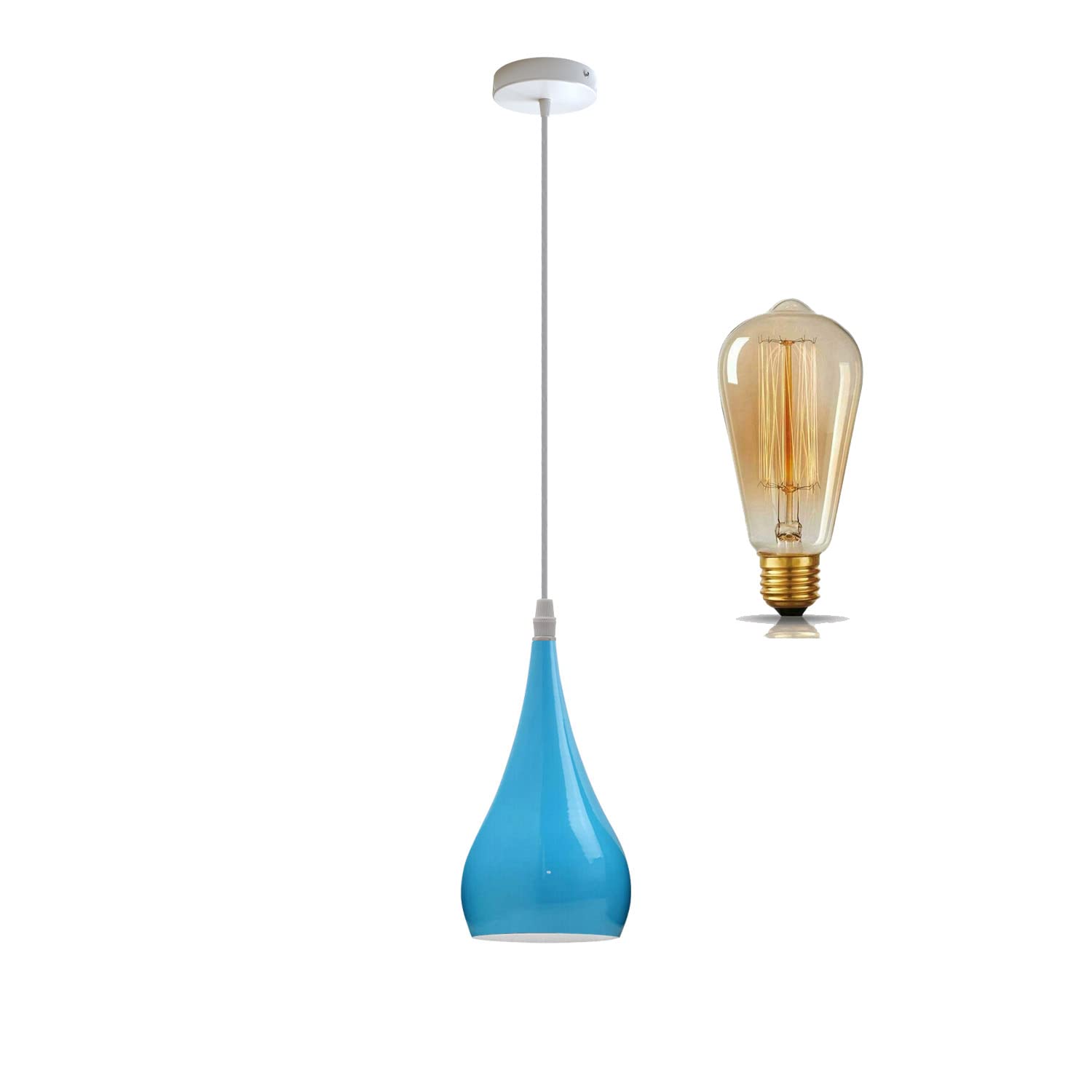 LEDSone Modern Hanging Pendant Light Fitting, Industrial Loft Ceiling Adjustable Lamp Teardrop Metal 16cm Light Shade, E27 Base Pendant for Cafe, Restaurent, Living Room, Kithcen Island (Blue+Bulb) — image 1