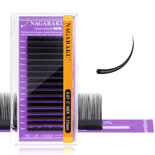 NAGARAKU Pestañas Individuales 5.ª Generación Clásicas Pelo a Pelo Hechas A Mano Punta Larga Volumen Suave Rizo Estable Professional Natural Wipsy Single Eyelash Negro Mate 16 Filas (0.07mm C 7-15m)