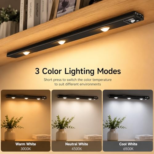 Image of One94Store 40CM Rechargeable Motion Sensor LED Light - Wireless Under Cabinet Light with 3 Color Modes, 1200mAh Battery, Dimmable Stick-On Lamp for Kitchen, Wardrobe & Bedroom (Black)