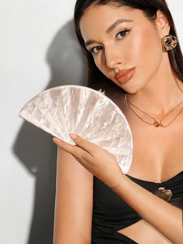 Image of Acrylic Fan Shell Clutch Purse Elegant Marbled Unique Handbag with Detachable Chain for Party Cocktail Wedding
