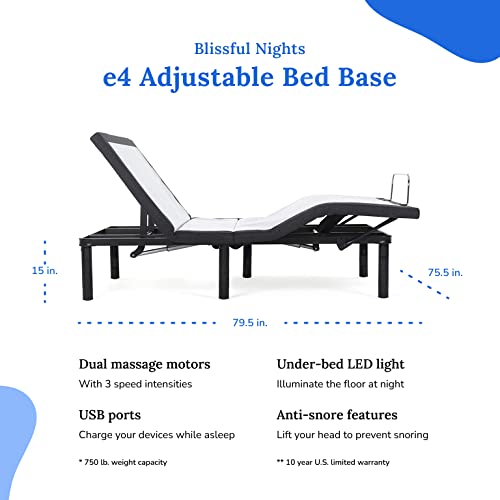 Blissful Nights E4 King Adjustable Bed Base Frame With Massage, Anti-Snore, Zero Gravity, Dual Usb Charging, Under Bed Nightlight, Wireless Remote Head And Foot Incline And No Tools Required Assembly #TOP3