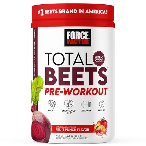 FORCE FACTOR Total Beets Pre-Workout Powder to Boost Energy & Endurance, Increase Strength, and Improve Blood Flow and Pumps, Nitric Oxide Supplement with Beet Root Powder, Fruit Punch, 30 S