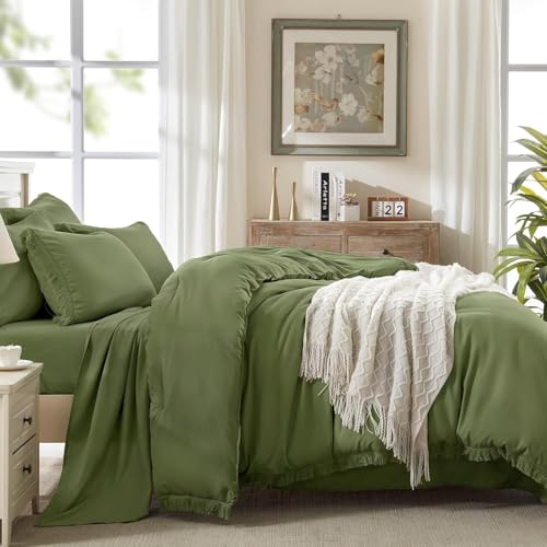 Image of Andency Oversized King Comforter Set with Sheets 120x120 Olive Green - 7 Pieces Boho Tassel Bed in a Bag Soft Lightweight Bedding Sets, Fringe Bed Set with Comforter, Sheets, Pillowcases & Shams