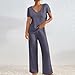 Womens Two Piece Outfits Casual V Neck Short Sleeve Tops Matching Wide Leg Pants Casual Solid Color Knit Lounge Sets Purple