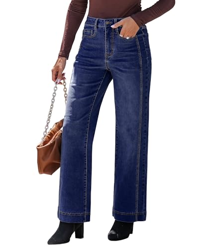 luvamia Wide Leg Jeans for Women Trendy High Waisted Double Side Seams Stretchy Denim Pants Trouser Jeans with Pockets Darkness Blue Size Small Fits US Size 4-6