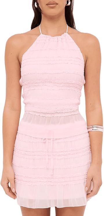 Women Two Piece Skirt Sets Y2k Lace Sheer Mesh Ruched Halter Top Smocked Mini Skirt Summer Beach Outfits