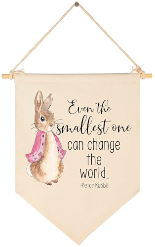 Image of Even The Smallest One Can Change The World-Easter Peter Rabbit Canvas Hanging Pennant Flag Wall Sign Decor Gifts for Baby Kids Girls Nursery,Kids Room Playroom Decor