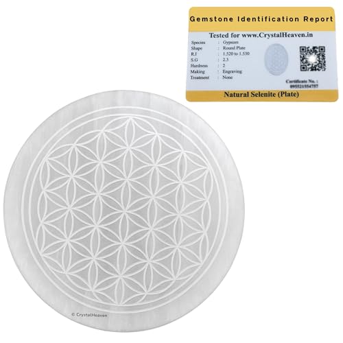 Image of Certified Selenite Crystal Charging Plate, 4 Inch Engraved Flower of Life Selenite Plate for Crystal Cleansing Re-Energy Work, Meditation and Pooja - Flower of Life