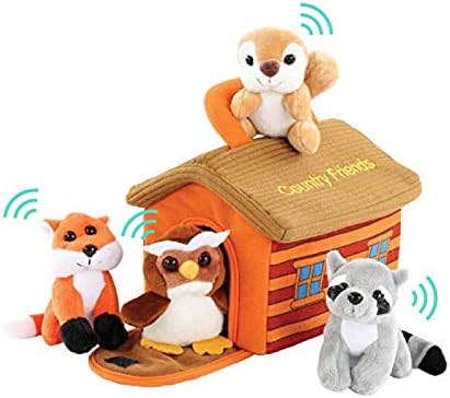 Plush Woodland Animals with Country House Carrier for Kids- 5pc- Talking Animal Interactive Toy Set- Stuffed Owl, Raccoon, Fox & Squirrel- Great Baby Shower Present for Boys & Girls by Etna
