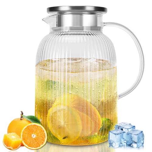 1900 ml Saftkrug, Glaswasserkrug, Teekanne mit Deckel, karaffe glas mit deckel, hitzebeständiger Borosilikatglas-Wasserkrug für Saft, Milchkrug