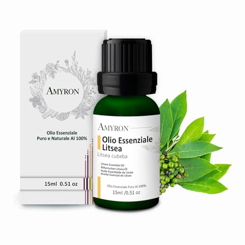 Olio Essenziale Litsea Cubeba 15ml AMYRON | May Chang - Verbena Esotica - Naturale E Puro Al 100% Ideale Per Aromaterapia E Diffusore Oli Essenziali - Massaggi aromatici - Uso Alimentare Senza OGM.