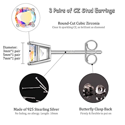 Sterling Silver Stud Earrings For Women Girls- 3 Pairs Tiny Colorful Cz Cubic Zirconia Cartilage Earrings Set Small Tragus Earrings(3/5/7Mm, Silver) #TOP4