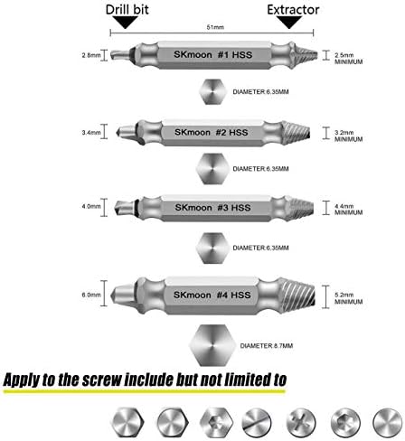 Damaged Screw Remover and Extractor Set by SKmoon,Easily Remove Stripped or Damaged Screws. Made from H.S.S. 4341#, The Hardness is 62-63hrc,Set of 4 Stripped Screw Removers