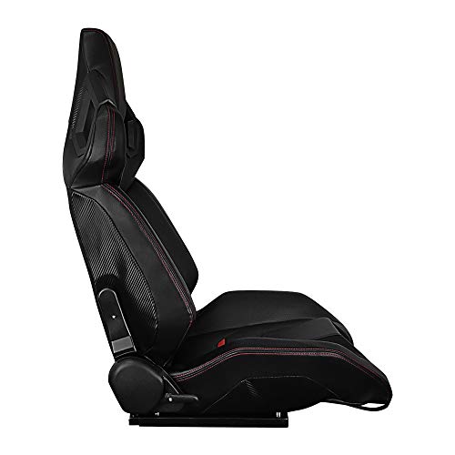 Ikon Motorsports, Universal Racing Seats Left Driver Side With Dual Slider, Black With Red Stitch Red Stripe Pu Leather Reclinable #TOP2