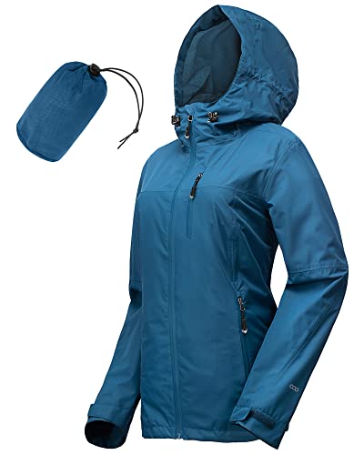 33,000ft Women's Lightweight Waterproof Jacket Packable Hooded Rain Jacket Breathable Windbreaker Softshell Raincoat for Outdoor Running Walking Hiking (Blue-M/UK 12)