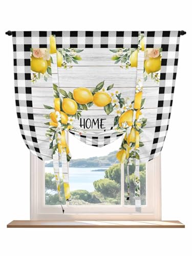 Tie Up Curtains for Windows Yellow Lemon Roman Shade 42 x 45 Inch Bathroom Curtains Window Farmhouse Black Buffalo Plaid Grey Wooden Rod Pocket Short Balloon Curtains for Living Room Kitchen Blinds