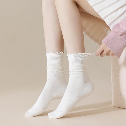 Mcool Mary 6 Pairs Women's Ruffle Socks,Casual Ankle Breathable Cool Knit Cotton Cute Polka Dot Dress Crew Socks2