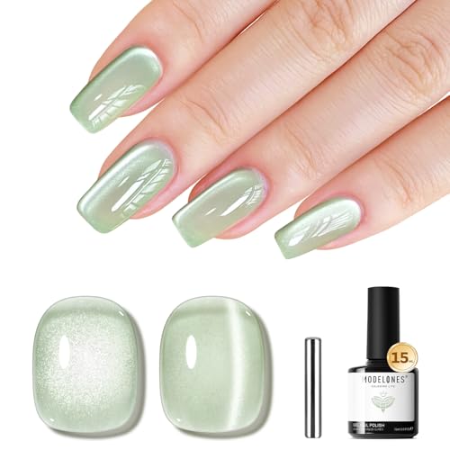 Image of modelones Cat Eye Gel Nail Polish Green, Green Grapes Glitter Magnetic Nail Polish with Magnet Soak Off U V Winter Gel Polish Shimmer Nail Art Manicure Salon DIY