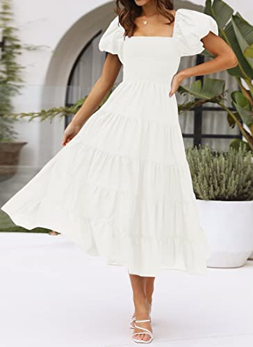 Zesica Women's 2023 Summer Square Neck Short Puff Sleeve Solid Color High Waist Casual Smocked Flowy A Line Tiered Midi Dress,White,Small #TOP6