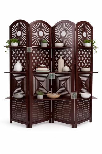 Image of Wooden Room Divider 6 Feet, 4-Panel Folding Wooden Partition for Living Room, Office, Pooja Room, Restaurant, Kitchen & Balcony (2W x 1.82H Meters). (Dark Brown)