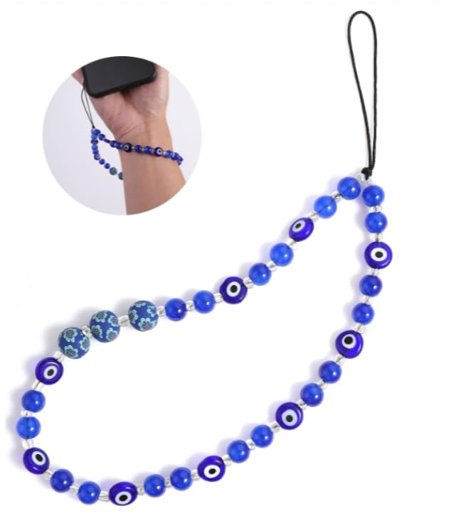 Evil Eye Phone Lanyard, Beaded Phone Charm Wrist Strap Gemstone Bracelet Mobile Phone Chain Strap Keychain for Men Women(Blue)