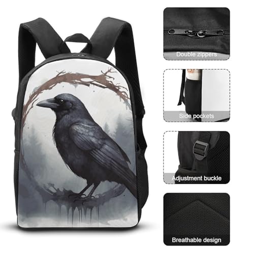 Black Crow Backpack Set Lightweight Bag Lunch Box Pencil Bags for Women Men Bookbags 3 in 13