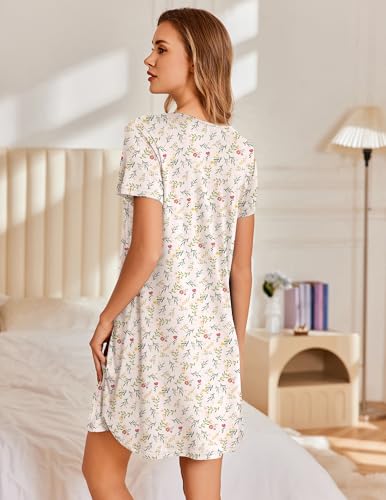 Image of Ekouaer Nightgowns for Women Pleated Sleep Shirts Short Sleeve Night Shirts Lace Trim Night Gown Ladies Sleep Dress