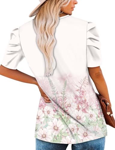 KISSMODA Tops for Womens Summer Cute Short Sleeve Shirts Trendy Notched Neck Blouses Casual Loose Pleated Tunics S-3Xl