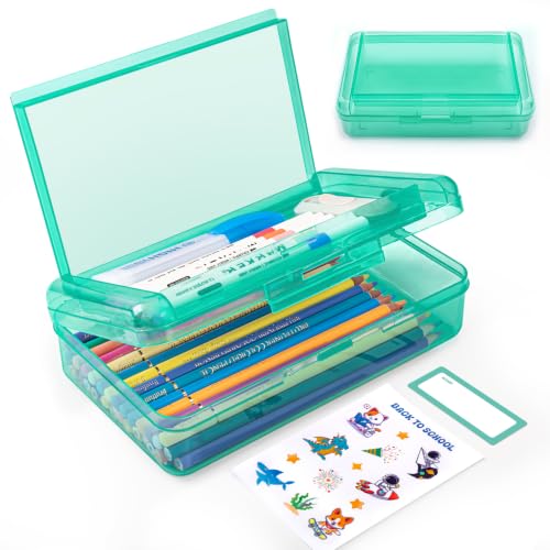 Caixa de lápis de plástico translúcido de camada dupla, estojo de lápis rígido transparente com tampa de encaixe para caneta, lápis, material de escritório escolar, organizador de giz de cera, caixa