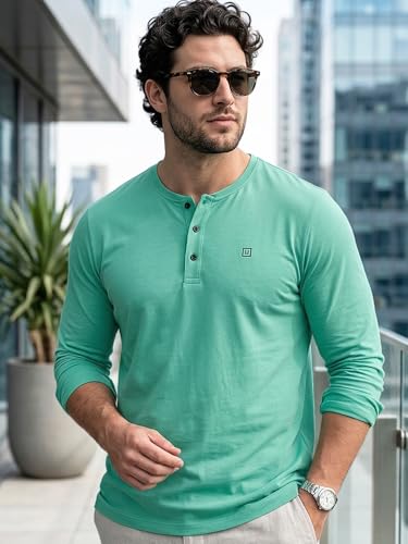 Image of Urbano Fashion Men's Solid Henley Neck Slim Fit Full Sleeve Cotton T-Shirt